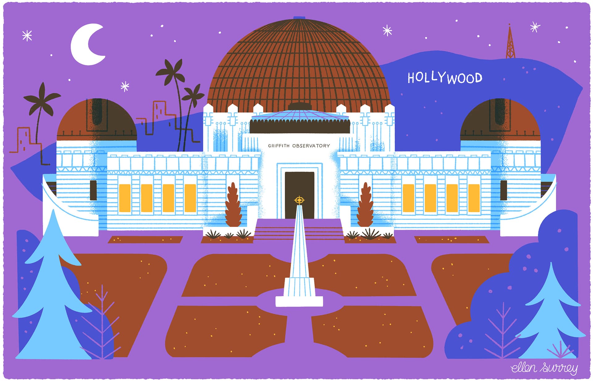 Ellen Surrey illustration for Griffith Observatory, Los Angeles