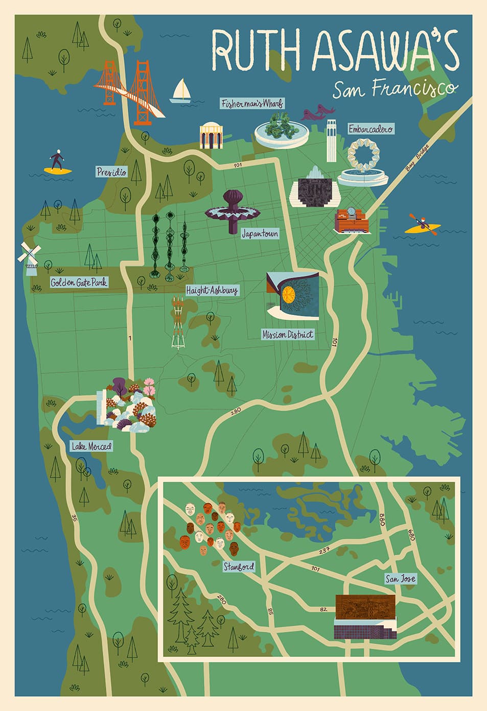 Ellen Surrey illustration for San Francisco Museum of Modern Art: Map and portrait promoting the exhibition Ruth Asawa: Retrospective