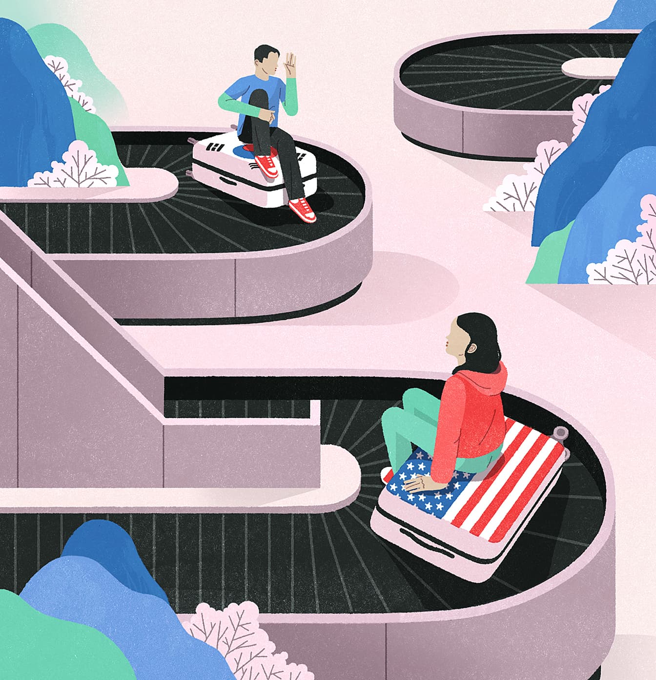 Gracia Lam illustration for The Pennsylvania Gazette: Siblings growing up in different countries