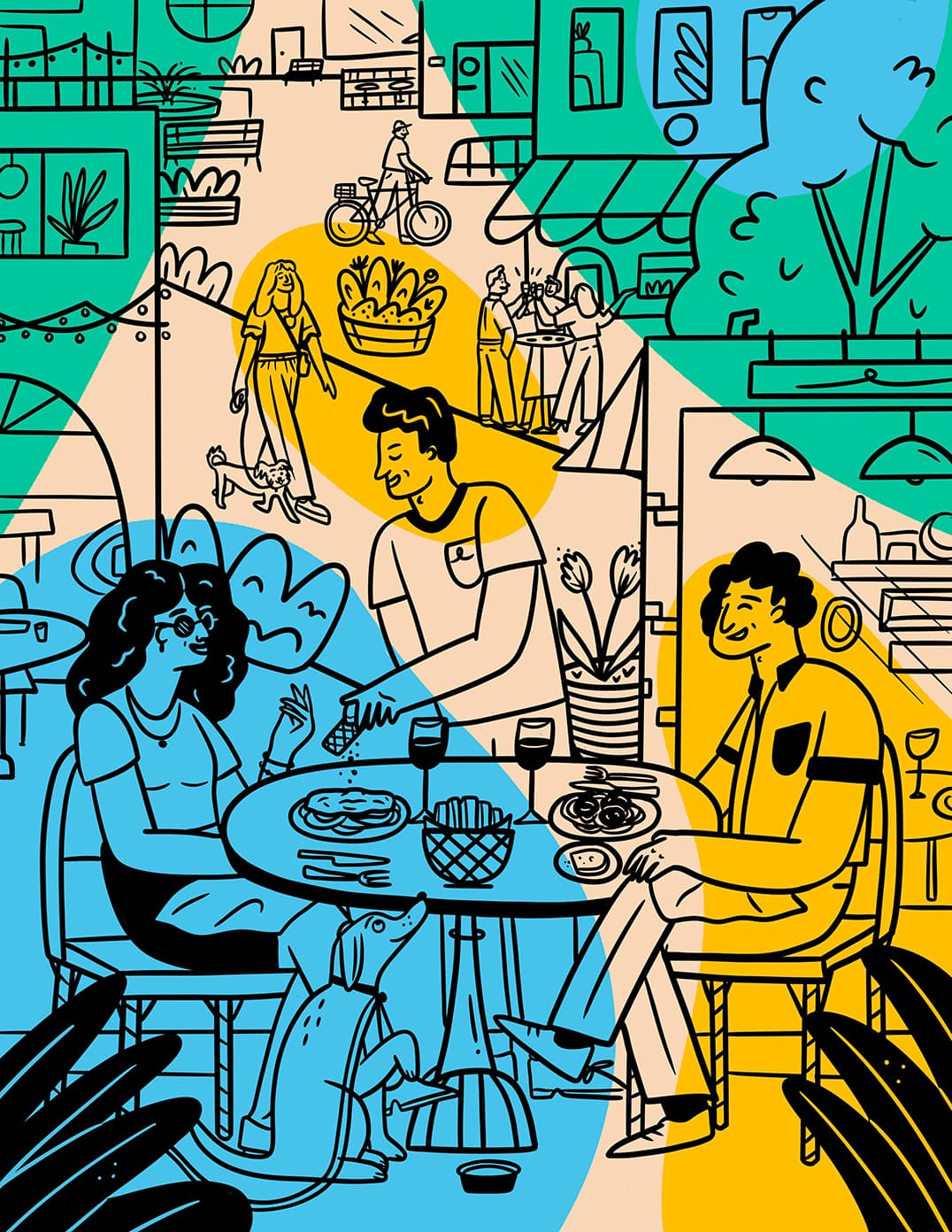 Katie Lukes illustration for Naperville Magazine: The best outdoor dining spots in Chicago’s west suburbs