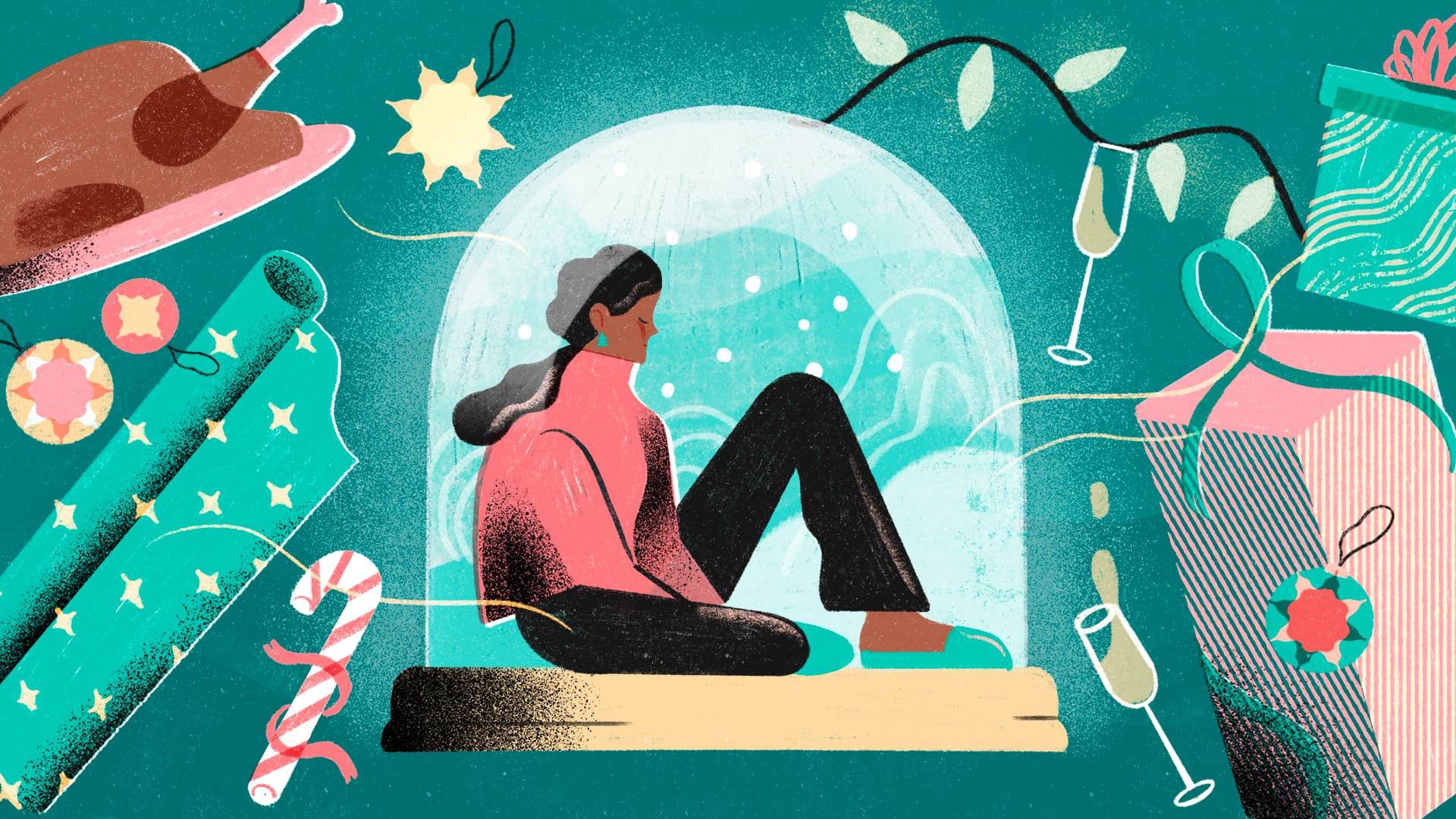 Vanessa Lovegrove illustration for theSkimm: How to hang onto your mental health during the holidays