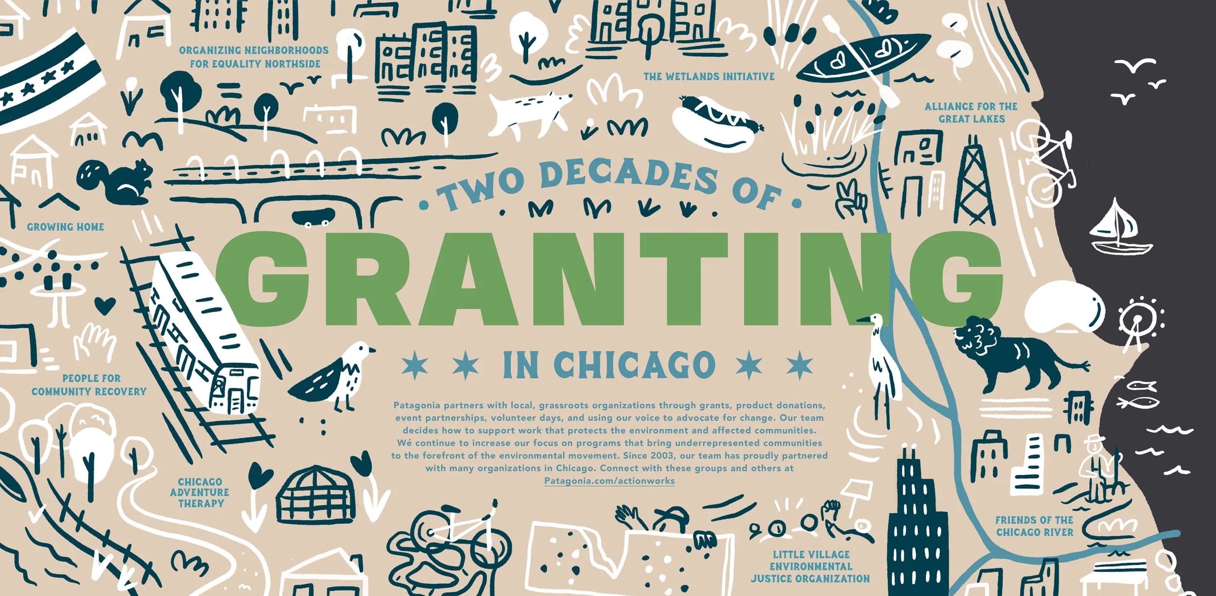 Katie Lukes - for Patagonia - Grantee board mural design and install for the flagship Patagonia store in Chicago’s Fulton Market District
